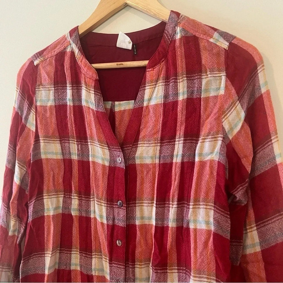 ANTHRO AKEMI + KIN Lucie Plaid Red Flannel Longlined Buttondown Top Tunic - Picture 4 of 10